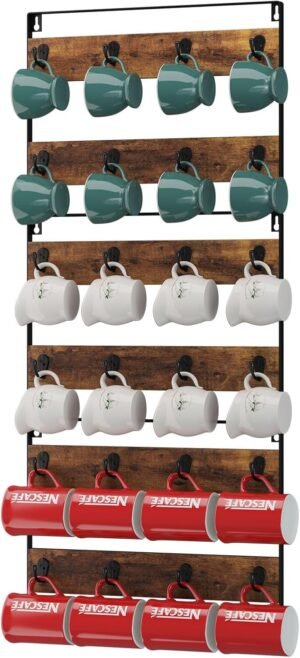 IBUYKE Mug Racks for Wall,Set of 3, 24-Hook Large Coffee Mug Holder Wall Mounted, Rustic Wood Coffee Mug Rack Display Organizer for Kitchen, Home,Bar, Coffee Station,Rustic Brown TBJ005H-3