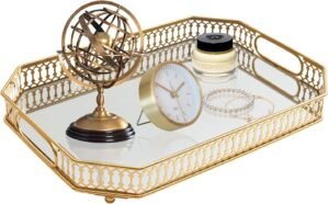 Vintage Gold Mirrored Vanity Mirror Tray Decorative Perfume and Makeup Organizer with Handles for Dresser,Bathroom or Jewelry Display, Decor Home Large Size (Large)