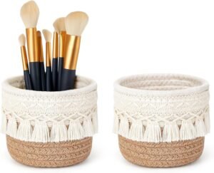 Mkono Macrame Makeup Brush Holder Organizer Comb Brushes Mini Storage Basket Set of 2 Boho Decor Baskets for Pen Pencil Box Container,Yellow and White