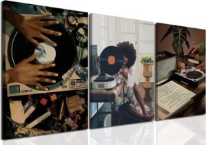 YFvrPt Black Girl Wall Art Decor Modern Black Woman Painting Prints, Set of 3 African American Music Record Player Poster Canvas Artwork for Bedroom Living Room 12×16 inch Framed
