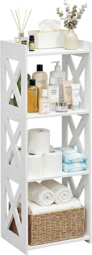 Small Bathroom Storage Corner Shelf, Waterproof PVC Narrow Floor Stand, Slim Gap Filler Organizer for Toilet Side, Laundry Room, Shower, Kitchen Spice Rack, White Restroom Holder (4-Tier)