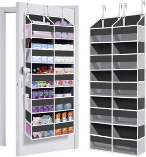 Heavy Duty Over The Door Organizer 5 Tiers, Extra Large Behind Door Storage of 10 Big Front & 10 Mesh Pockets, 80lb Weight Capacity, Hanging Doors Storage Organizer for Closet Bedroom Nursery, Grey