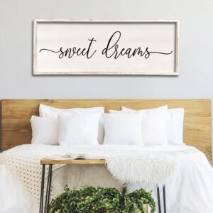 Sweet Dreams Wall Decor Above Bed 40”×15” Master Bedroom Large Sweet Dreams Sign Farmhouse Wall Decor Guest Room Wood Rustic Framed Over Bed Wall Art Hanging Decoration (White)