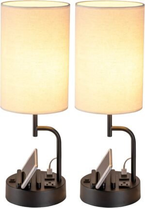 Dreamholder Table Lamp with 3 USB Charging Ports, Modern Desk Lamp with AC Outlet and Phone Stands, Perfect Bedside Lamp for Bedroom, Living Room, Office (Pack of 2), Cream