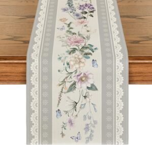 Artoid Mode Printed Lace Floral 210 GSM Spring Table Runner, Seasonal Summer Kitchen Dining Table Decoration for Home Party Decor 13×72 Inch