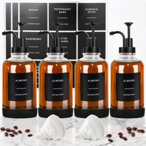 Coffee Syrup Dispenser for Coffee Bar, Set of 4 Non-Slip Glass Syrup Dispenser w. Labels and Silicone Sheath, 16.9 oz 500ml Syrup Pump Dispenser, Coffee Bar Accessories Simple Syrup Bottle w. Pump