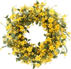 J’FLORU Artificial Spring Wreath 22 Inch Summer Wreaths for Front Door Yellow Daisy Wreath for Indoor Outdoor Home Decor and Easter Celebration