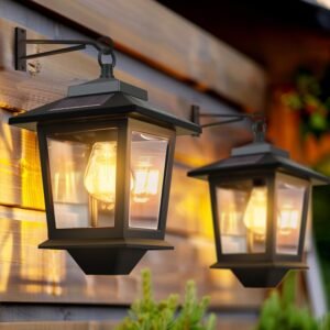 PASAMIC 2 Pack Solar Wall Lanterns,Outdoor Hanging Lights with 4 Solar Panels,Dusk to Dawn Led Outdoor Wall Sconce, Anti-Rust Waterproof Lanterns with Hooks,3000K Warm White