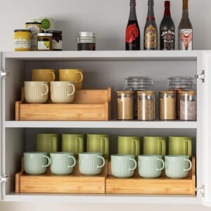 Hongtamoya 2-Tier Expandable Coffee Mug Holder, Mug Organizer for Kitchen Cabinets, Bamboo Mug Cup Rack, Multi-Functional Cup Holder Shelf, Coffee Bar Organizer, Home