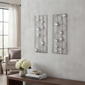ZEXUIRU 2 Pcs Abstract Metal Art for Wall Decor Living Room Bedroom Bathroom Office Metal Bling Modern Geometric Hanging Vertical Small Iron Sculpture Plaque Pack -Silver 15.7in