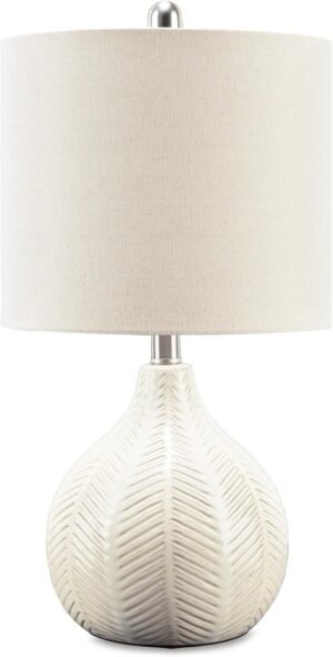 Signature Design by Ashley Rainermen Casual Ceramic Table Lamp, Transparent White Glaze Finish, Drum Hardback Fabric Shade, 11″ W x 11″ D x 21″ H, Off White
