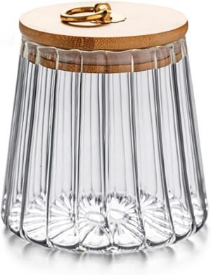 FANTESTICRYAN Glass Coffee Nuts Canister Airtight Storage Jar Petal Decorative Container with Bamboo Lid Metal Handle Easy to Grasp 700ml, 23 FL OZ