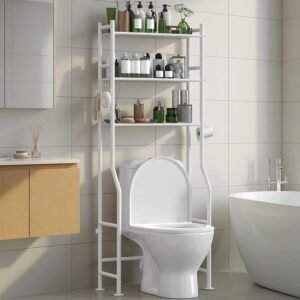 3-Tier Over The Toilet Storage Organizer, Space-Saving Bathroom Rack with Paper Holder & 4 Hooks, 64″ Tall Freestanding Carbon Steel Shelf for Small Apartment Laundry Room (White)