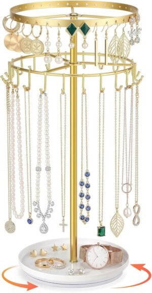 LANDNEOO Necklace Holder Jewelry Organizer, 360° Rotating 3-Tier Jewelry Stand Display, 14.3″ Holds 80 Pcs, Earring Holder, Bracelet Ring Holder, Jewelry Organizer and Storage For Women Vanity Dresser