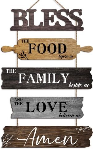 Pigort Kitchen Wall Decor Bless the Food Before Us Dining Room Wall Decor – Farmhouse Wall Art For Kitchen Dining Room- Wooden Rustic 5pcs Roped Sign 12×18 Inches(Brown)