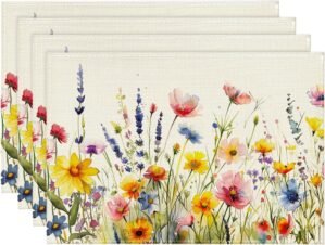 Artoid Mode Daisy Lavender Floral Leaves Spring Placemats Set of 4,12×18 Inch Seasonal Spring Table Mats for Party Kitchen Dining Decoration