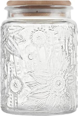Custde 23.7 fl oz Vintage Glass Jar with Bamboo Lid – Airtight Decorative Food Storage Canisters for Kitchen Counter, Ideal for Candy, Sugar, Coffee, Tea, Cute jar(Sunflower*1)