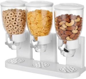 Triple Cereal Dispenser Countertop, 2L Each Capacity Dry Food Storage Container, Easy Refill Plastic Cereal Dispenser for Grains, Nuts, Coffee Beans, Candies