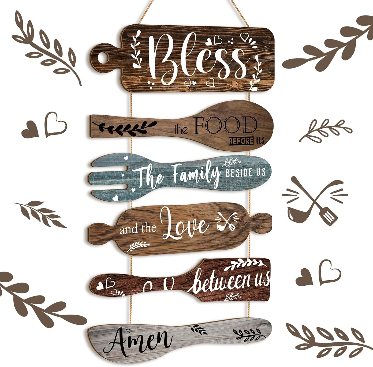 Geetery 6 Pcs Bless The Food Before Us Farmhouse Kitchen Wall Decor Dining Room Collage Decorations Wall Art Rustic Hanging Wooden Roped Sign 13×21 Inches Vertical(Multicolored)