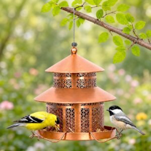 Hanging Bird Feeder for Small Birds, 2LB Capacity Heavy Duty Metal Wild Bird Feeders with 4 Perches for Garden Yard,Easy to Clean and Refill,Vintage Copper