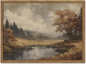 Vintage River Wall Art, Nature Forest Landscape Wall Decor Oil Painting Moody Lake Landscape Poster Canvas Print Picture for Farmhouse Bedroom Living Room 12×16 inch Wood Framed
