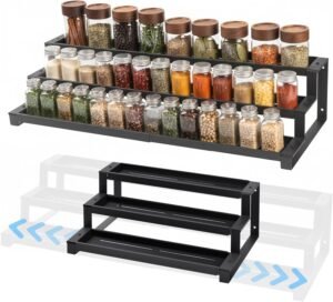 3-Tier Spice Rack Organizer for Kitchen Cabinet or Pantry, 16″-29″ Expandable Spice Organization Shelf, Seasoning Organizer, Metal Display Shelf, Slip-Resistant Design for Jars and Bottles, Black