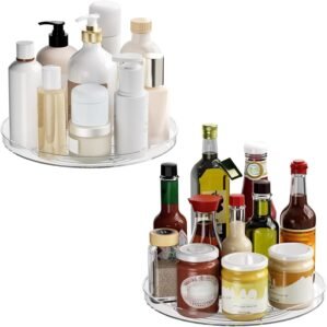 2 Pack Lazy Susan Organizer Turntable, Clear 9 Inch Rotating Organizer Tray for Cabinet Table Top, Round Non-Skid Refrigerator Lazy Susan, Kitchen Storage for Pantry Countertop Bathroom, Spice Rack