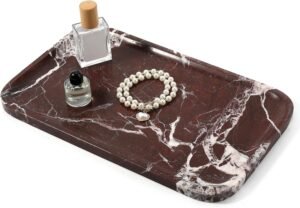 Karibiber Marble Vanity Tray, Large Stone Bathroom Tray for Countertop, 14” Rose Red Genuine Marble Decorative Tray for Dresser, Green Kitchen Trays for Counter,Perfume Storage, Non-Resin/Ceramic
