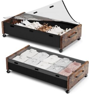 KITHELP Wooden Under Bed Storage with Wheels, Rolling Under the Bed Storage Bins with Removable Lid, Metal Under Bed Drawers for Clothes and Shoes in Bedroom or Living Room(Vintage Brown-2pack)