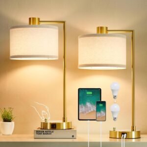 Luvkczc Table Lamp for Bedroom Set of 2 with USB C+A Ports, Fully Stepless Dimmable Bedside Lamp with Linen Lampshade, Nightstand Lamp for Living Room Reading Office, 2 LED Bulbs Included (Gold)