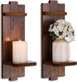 Rustic Candle Holder Farmhouse Wall Decor – Brown Candle Sconces Set of Two Wooden Vintage Hanging Wall Decoration for Fireplace Mantel Living Room Bedroom Dining Room