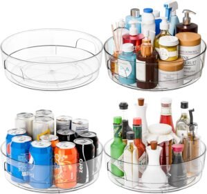 Yieach 4 Pack 12″ W Clear Acrylic Lazy Susan Turntable for Cabinet,Refrigerator,Pantry and Kitchen – with Handle – Large Fridge Sauce Condiment Turn Table Organizer,Spinning Round Spice Rack Carousel