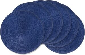 AHHFSMEI Round Placemats Set of 6 Heat Resistant Washable Non-Slip Woven Braided Table Mats for Dining Table Kitchen & Home Decor (Navy Blue)