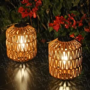 2 Pack Solar Lanterns Outdoor Waterproof, Rattan Solar Lights for Yard, Outdoor Garden Lights, Hanging Lanterns Decorative Birthday Gifts for Mom Grandma, Outdoor Lanterns for Porch Patio Pathway