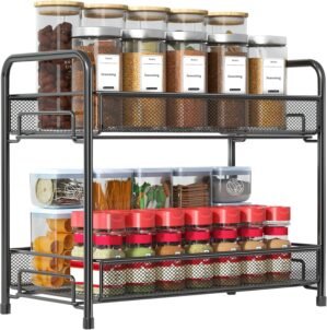 Spice Rack Organizer for Countertop,Xpatee 2-Tier Foldable Metal Rust-Proof Standing Large Seasoning Storage Shelf with Guardrail and Mesh Design for Kitchen Cabinet Bathroom Living Room Pantry, Black
