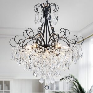 WUZUPS Crystal Chandelier 10-Light Pendant Ceiling Light Modern Lighting Fixture for Dining Room Hallway Bedroom Kitchen Bathroom, H 27.6″ x W 22.8″, E12 Base, Black