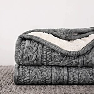 Longhui bedding Acrylic Cable Knit Sherpa Throw Blanket – Thick, Soft, Big, Cozy Grey Knitted Fleece Blankets for Couch, Sofa, Bed – Large 50 x 63 Inches Gray Coverlet All Season