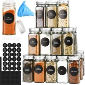DkOvn 24pcs Glass Spice Jars, 4oz Empty Spice Jars with Metal Caps, Labels, Shaker Lids, Collapsible Funnel, Chalk Pen, Seasoning Organizer for Spice Rack