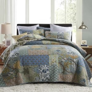Secgo Queen Comforter Set for Bed – 100% Cotton Quilts Queen Size, Green, Sage Bedspreads (90 * 98 Inch) with 2 Pillow Shams, Patchwork Reversible Lightweight Bedding