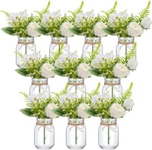 XunYee 10 Set Mason Jar Table Centerpiece with Flower Mason Jar Flower Centerpiece Vases Decor for Engagement Party Bridal Shower Wedding Reception Table Decor(White,Rose)