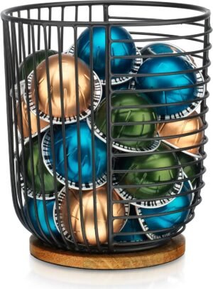 Coffee Pod Holder -Black Wire K Cup Storage with Wooden Base – Large Capacity Slim Design – Modern Coffee Basket Decor for Kitchen Countertop for Keurig Kcups & Espresso Capsules