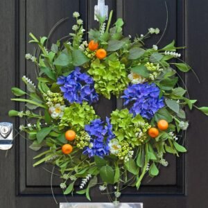 Spring Wreaths for Front Door 24 Inch, Summer Wreath Outdoor，Silk Hydrangea Wreath with White Blossoms & Mini Mandarins, Rustic Farmhouse Indoor & Outdoor Seasonal Wreath, Spring&Summer Home Decor