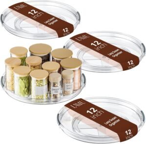 LAMU 12 Inch Lazy Susan Turntable, 360° Rotating Organizer Storage for Cabinet & Table Top, Pantry, Fridge, Bathroom, 4 Pack Clear Spice Rack, Kitchen Storage Tray for Medicine & Countertop