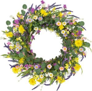 J’FLORU Spring Wreaths for Front Door 22 Inch Artificial Summer Wreath Daisy and Lavender Wreath with Wildflowers for Home Wall Farmhouse Springtime Easter Holiday Party