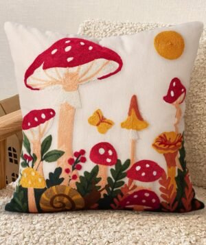 Embroidered Throw Pillow Cover 18×18 Inch – Spring Summer Boho Decorative Pillow Cover with Zipper for Living Room Couch Sofa Bed Aesthetic Design Mushroom Moon Cushion Pillowcase