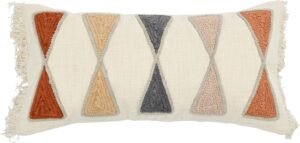 Bloomingville Embroidered Cotton Lumbar Pillow with Fringe, Terracotta Multicolor