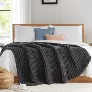 L’AGRATY Chunky Knit Blanket Throw: 60”x80” Chenille Chunky Knitted Throw Blankets for Twin Bed Couch – Handmade Thick Cable Knit Blanket – Large Crochet Rope Blankets for Home Decor(Dark Grey)