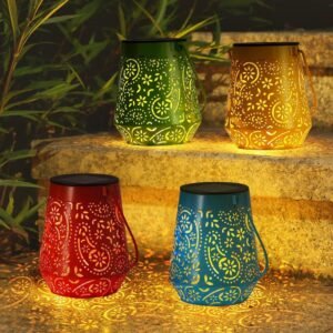 Solar Lanterns 4 Pack Outdoor Waterproof Solar Lights, Birthday Gifts for Women Garden Decor LED Hanging Solar Powered Decorative Lantern with Handle for Outside Patio Yard Table Fence