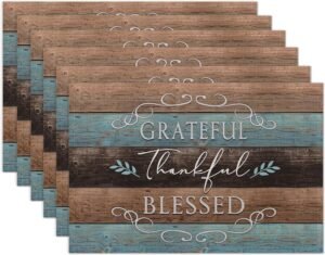 Thankful Grateful Blessed Placemats Set of 6 Place Mats for Kitchen Table Washable Farmhouse Linen Table Mats Dining Decoration 12×18 Inch