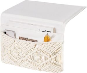 Mkono Macrame Bedside Caddy Storage Organizer Boho Remote Control Tablet Magazine Holder with 4 Pockets Non-slip Countertop Bedside Caddy for Home Bedroom Living Room College Dorm Bed, Ivory